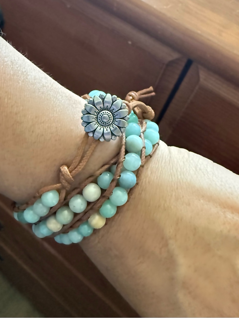 Multi-wrap Amazonite Bracelet - Adjustable Closure Silver Tone Sunflower Accent